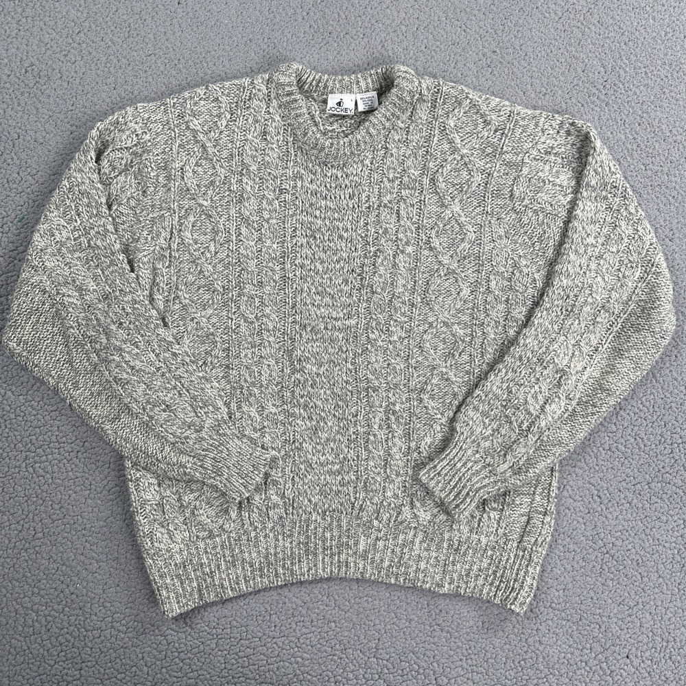 Vintage Jockey Fisherman Cable Knit Sweater Large Gray Speckled Wool Blend